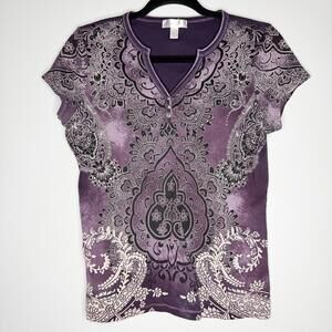 Y2K Dressbarn Purple Paisley Henley Tee Boho Whimsigoth Made in USA Large